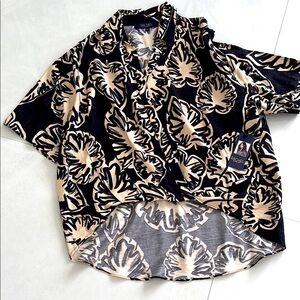 NWT RACHEL Rachel Roy Black and Cream Leaf Print Shirt